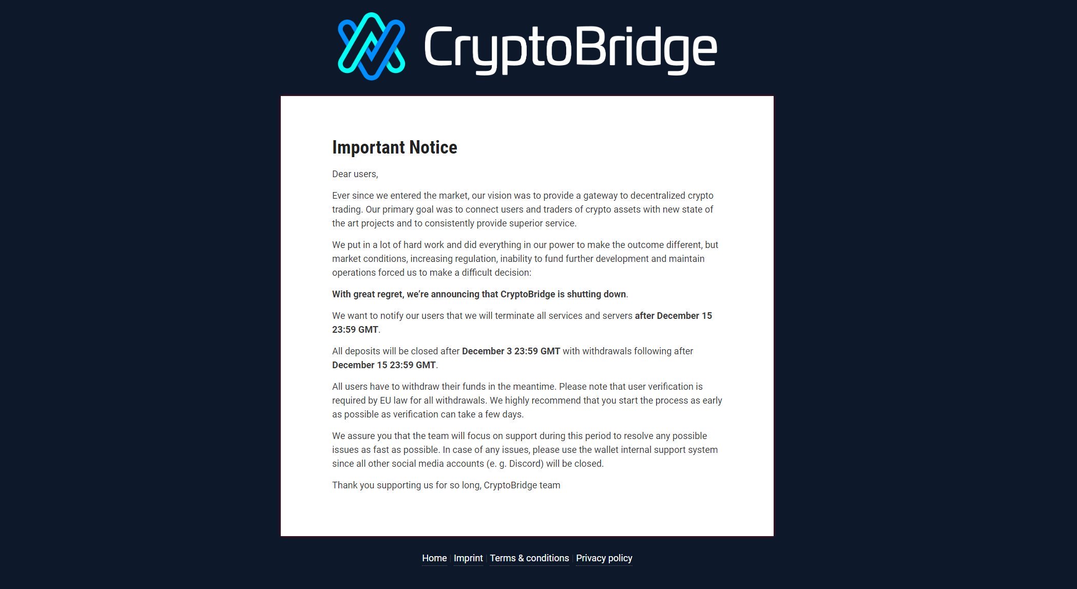crypto-bridge-san-trading-altcoin“宽度=” 2098“高度=” 1147“  data-srcset=” https://www.tapchibitcoin.vn/wp-content/uploads/2019/12/crypto-bridge-san -giao-dich-altcoin.jpg 2098w，https://www.tapchibitcoin.vn/wp-content/uploads/2019/12/crypto-bridge-san-giao-dich-altcoin-768x420.jpg 768w，https:/ /www.tapchibitcoin.vn/wp-content/uploads/2019/12/crypto-bridge-san-giao-dich-altcoin-640x350.jpg 640w，https://www.tapchibitcoin.vn/wp-content/uploads/ 2019/12 / crypto-bridge-san-service-altcoin-681x372.jpg 681w“ sizes =”（最大宽度：2098px）100vw，2098px“></p>
 <p>CryptoBridge立即要求提款</p>
 <p>CryptoBridge的业务中断正在按顺序进行，没有给出具体原因。该交易所已获得充分许可，符合欧盟法律，将要求KYC分发剩余的代币和代币，直至关闭。</p>
<div >
<div >
推荐阅读
</div>
<div >
<div >
<div >
<div >
<div >
1 </div>
<p > 
分析师说预计将出售58,000个<a href='https://www.blockvalue.com/' target='_blank'><u>比特币</u></a>，价值120亿泰铢的<a href='https://www.blockvalue.com/' target='_blank'><u>比特币</u></a>来打破市场。 
</p> <div >
<time  datetime=