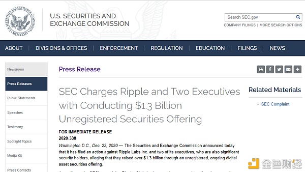 SEC对Ripple提起13亿美元的诉讼,XRP价格日内暴跌2