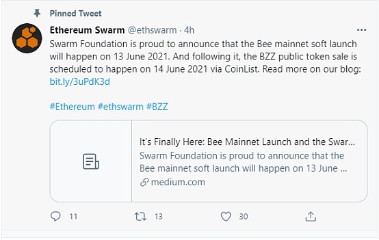 官方：Swarm基金会宣布将于6月13日主网