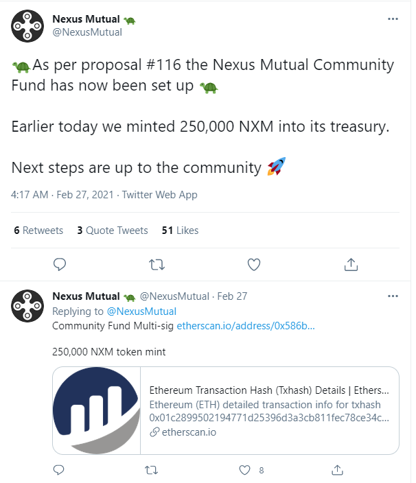 Nexus Mutuasdfsl：已铸造25万枚NXM并转入社区基金金