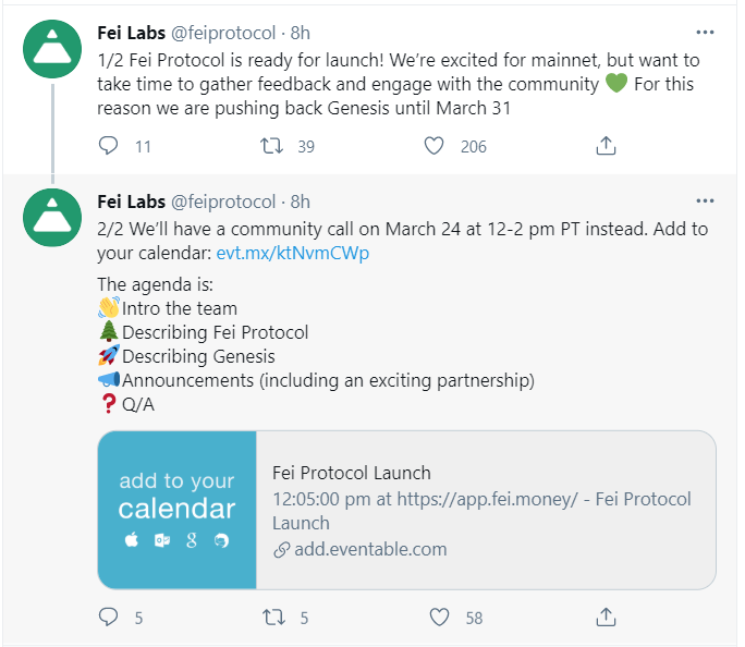 Fei Protocol上线时间推迟至3月31日