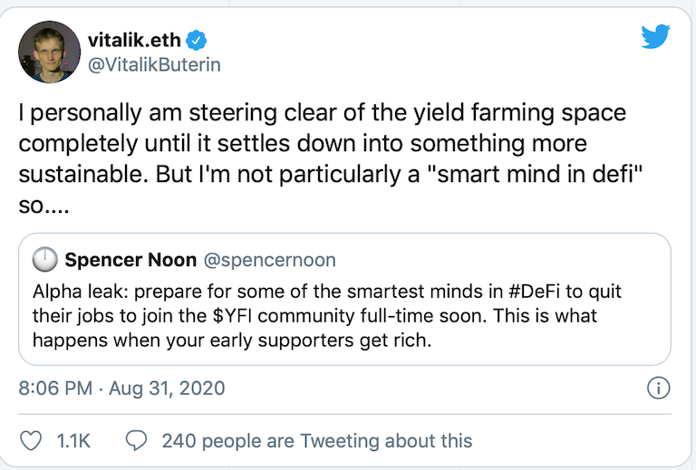 Vitalik：Yield Farming市场的高收益是不可持续的，自己会尽量避开这一领域