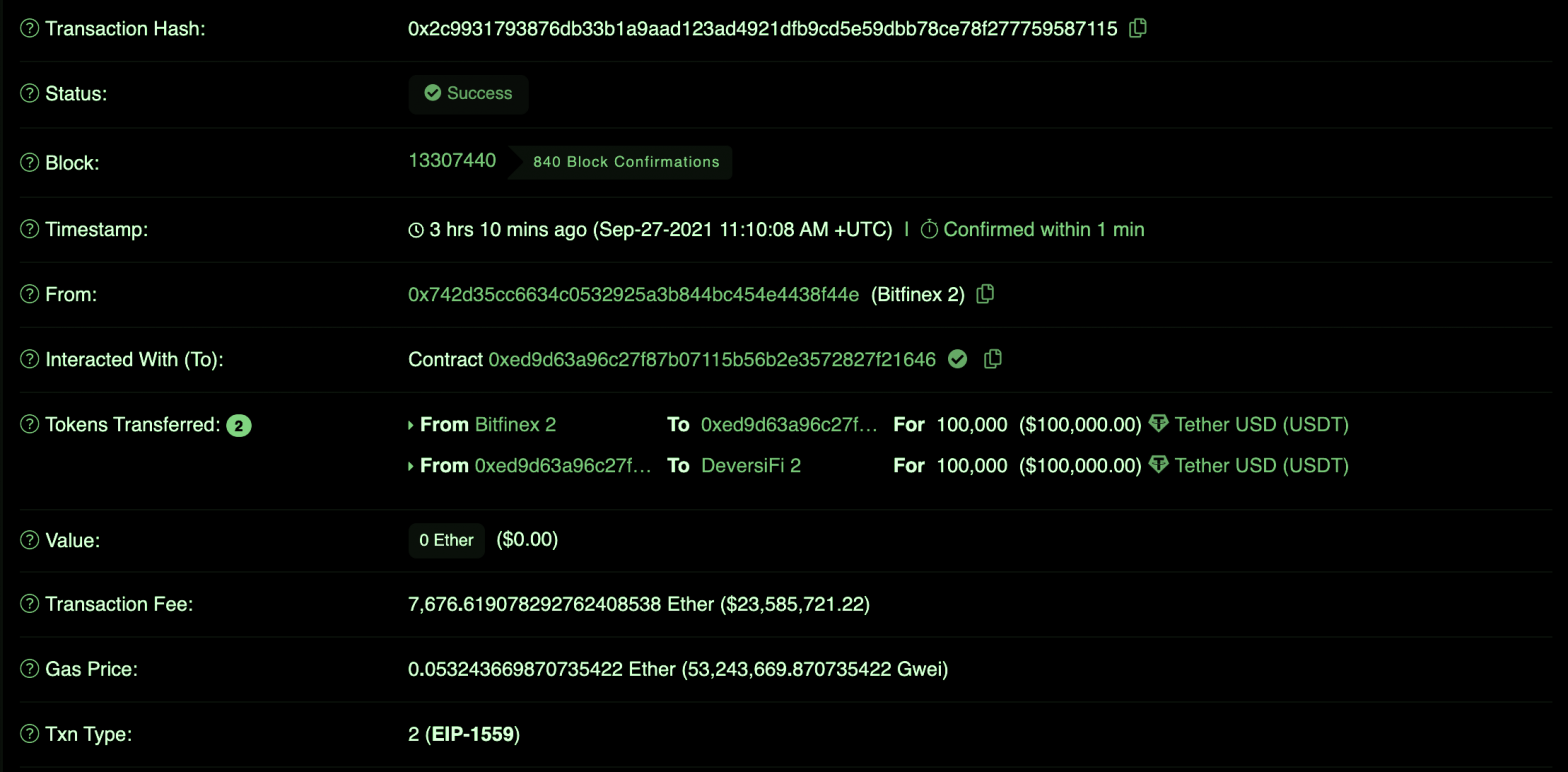 bitfinex 以 100,000 美元的 usdt 转账付出 2300 万美元的 eth 用度